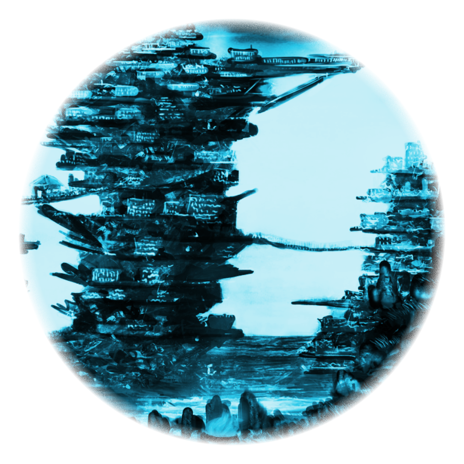 Xioux Blue-tinted concept art of a grand oceanic city with towering spires connected by intricate bridges.