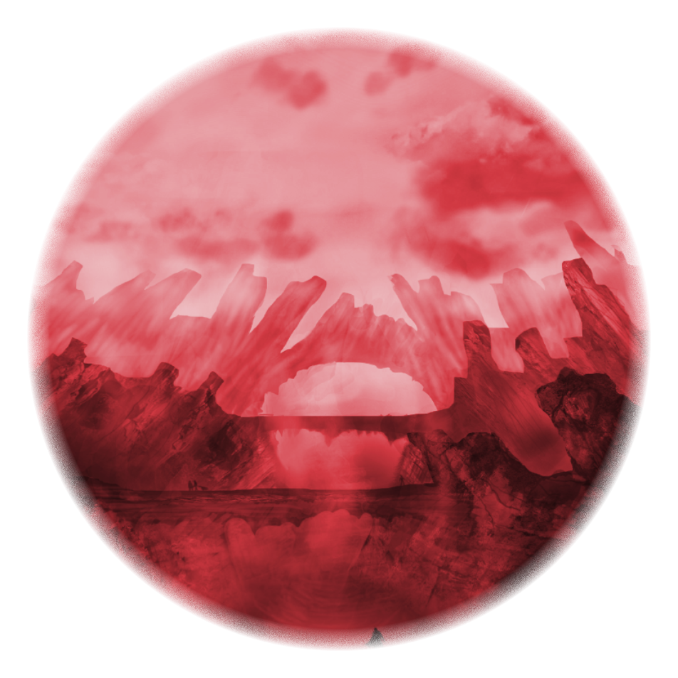 The Red Oblivion Dramatic geological concept art filtered in red, featuring soaring rock bridges and jagged crags.