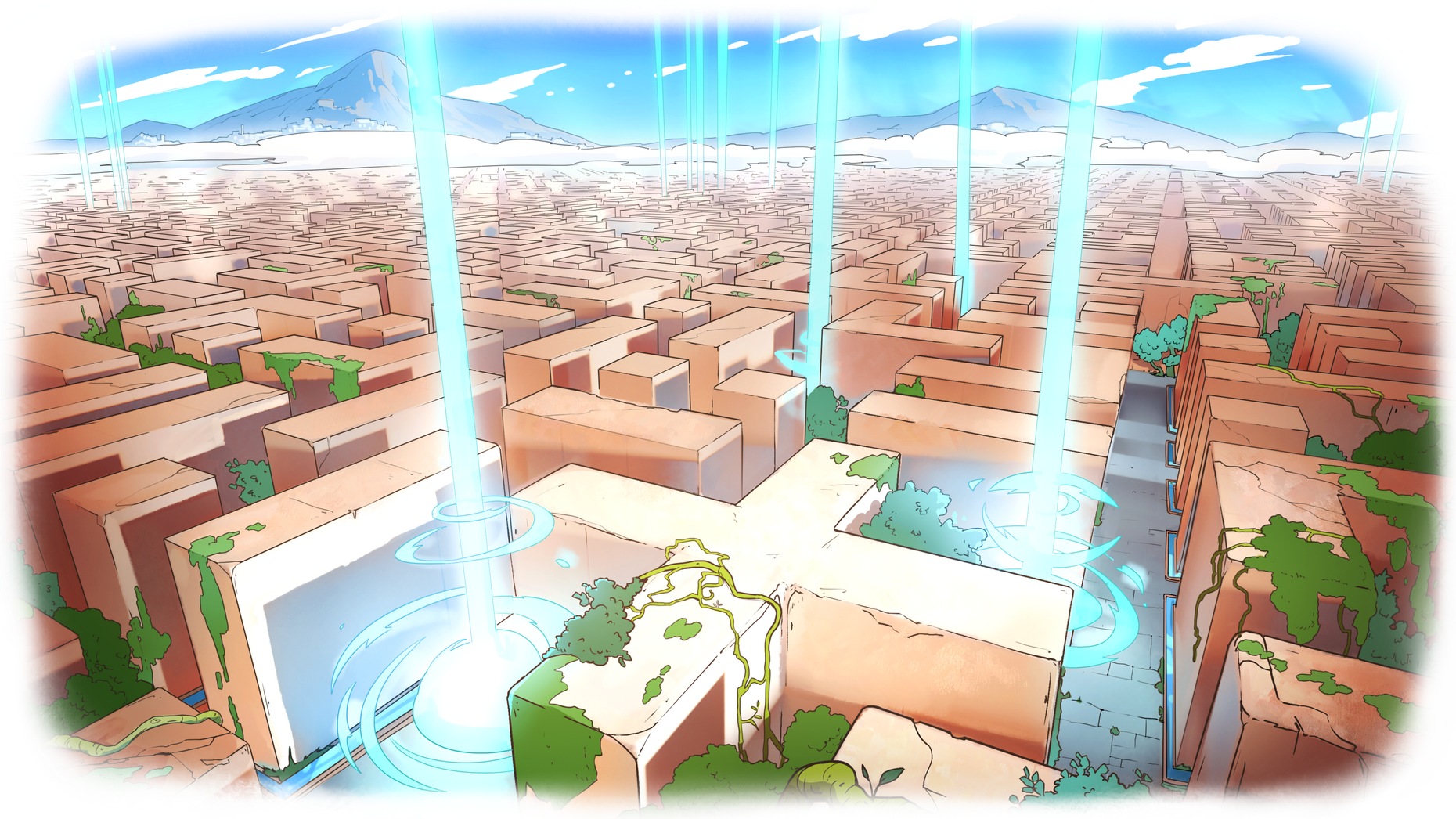 The Infinite Labyrinth of Monumentum A wide-angle view of a sprawling terracotta labyrinth stretching to the horizon, with shafts of light-blue vitae potentia erupting from the ground.