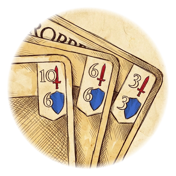 Comparing Stats A digital sketch of character cards fanned out to display combat stats like prowess and fortitude.
