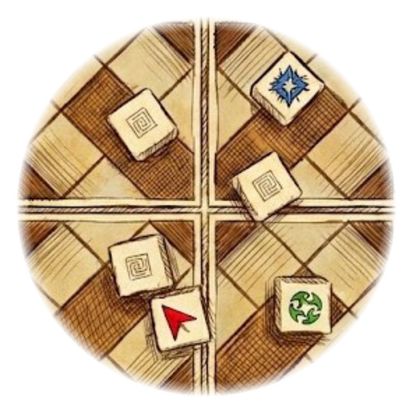 Attacker's Roll A sketch of six dice rolled onto game tiles, showing a mix of Square, Circle, Triangle, and blank results.