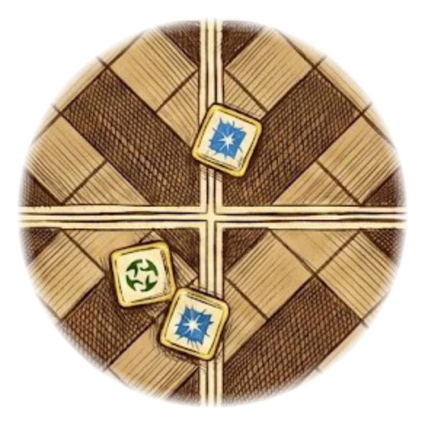 Defender's Roll A sketch of three dice on a labyrinth tile showing a Pair result, used for defending against an attack.