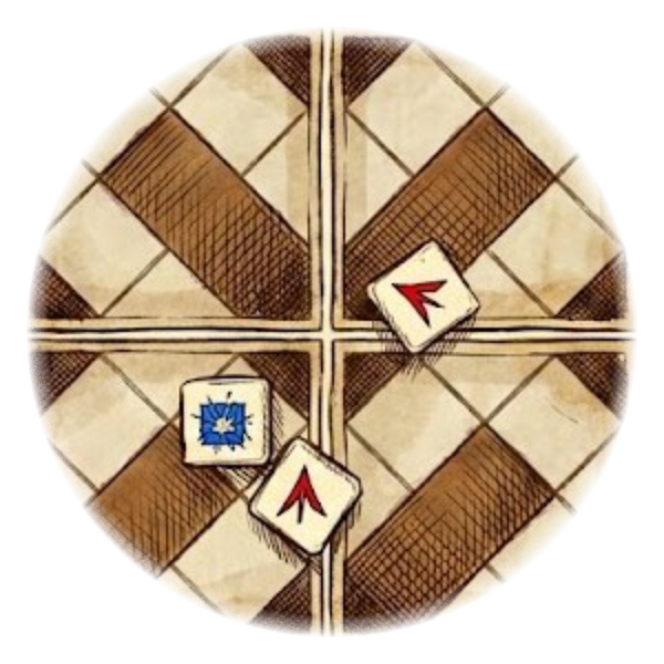 Damage Roll A sketch of three dice on a labyrinth tile showing a Triple result, indicating maximum success.