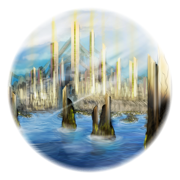 Echoes of Antiquity Atmospheric concept art of an ancient stone palace surrounded by vast, calm waters.